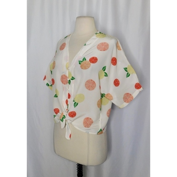 NWT!! RAILS Thea Citrus Print Silk Tie Front Top Blouse Button Down X-Small - Picture 7 of 16